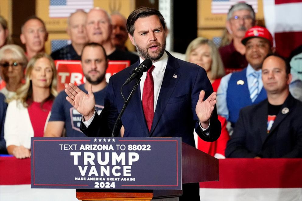 PHOTO: Republican vice presidential nominee Sen. JD Vance, R-Ohio, speaks at a campaign rally in Peoria, Ariz., on Oct. 22, 2024.