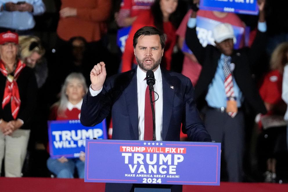 PHOTO: Republican vice presidential nominee Sen. JD Vance, R-Ohio, speaks at a campaign event, Nov. 4, 2024, in Atlanta.