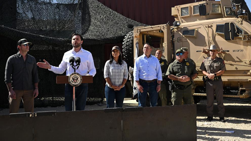 PHOTO: Vice President JD Vance speaks as Defense Secretary Pete Hegseth, Director of National Intelligence Tulsi Gabbard and members of U.S. Border Patrol look on during a visit to the U.S.-Mexico border, on March 5, 2025, in Eagle Pass, Texas.