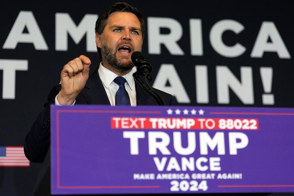 PHOTO: Republican vice presidential candidate Sen. J.D. Vance speaks during a fundraiser at Discovery World Science and Technology Museum, on July 17, 2024, in Milwaukee.