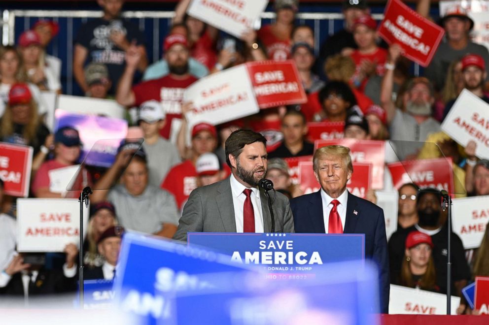 PHOTO: JD Vance, US Republican Senate candidate for Ohio, speaks on stage during a rally with former President Donald Trump in Youngstown, Ohio, Sept. 17, 2022. 