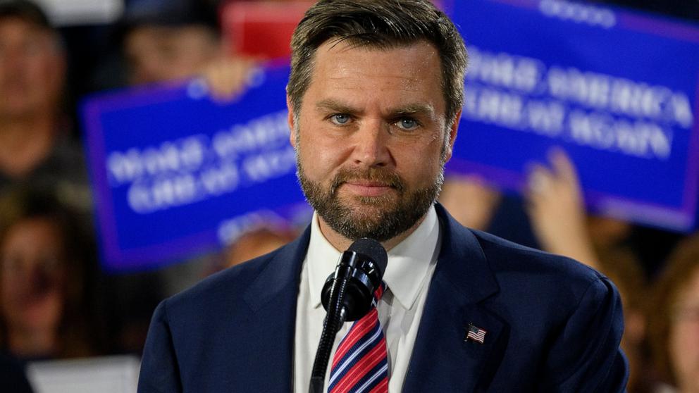 PHOTO:  Republican vice presidential nominee, Sen. JD Vance speaks at a rally at trucking company, Team Hardinger, on Aug. 28, 2024, in Erie, Pa.