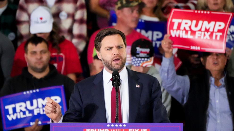 PHOTO: Republican vice presidential nominee Sen. JD Vance, R-Ohio, speaks during a campaign rally on Nov. 4, 2024, in Newtown, Pa. 