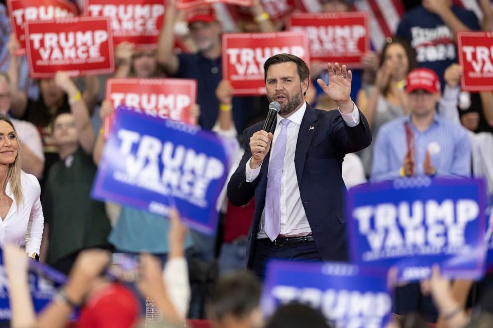 PHOTO: Republican vice presidential nominee Sen. JD Vance, R-Ohio, speaks at a campaign event in Monroe, N.C., Friday, Oct. 25, 2024.