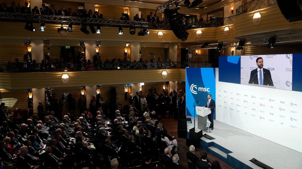 PHOTO: Vice-President JD Vance addresses the audience during the Munich Security Conference at the Bayerischer Hof Hotel in Munich, Feb. 14, 2025.