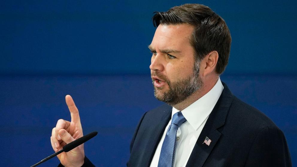 PHOTO: Vice-President JD Vance addresses the audience during the Munich Security Conference at the Bayerischer Hof Hotel in Munich, Feb. 14, 2025.