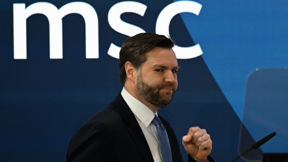 PHOTO: Vice President JD Vance delivers his speech during the 61st Munich Security Conference (MSC) in Munich on Feb. 14, 2025.