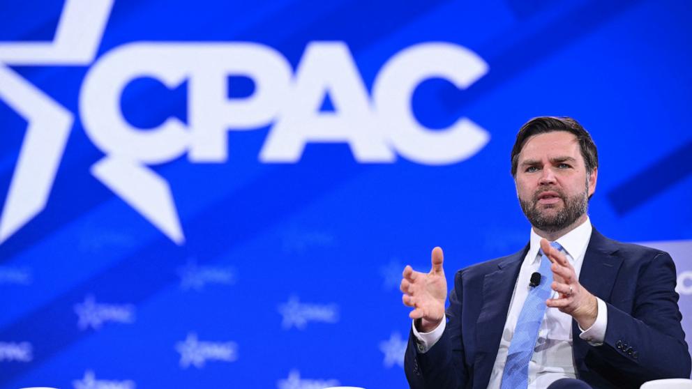 PHOTO: Vice President JD Vance speaks during the annual Conservative Political Action Conference (CPAC) at the Gaylord National Resort & Convention Center in Oxon Hill, Md., on Feb. 20, 2025.