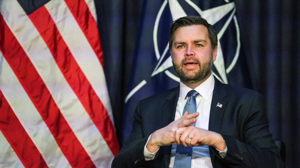 PHOTO: Vice President JD Vance participates in a bilateral meeting with NATO Secretary General Mark Rutte (not pictured) at the Commerzbank in Munich, Feb. 14, 2025.