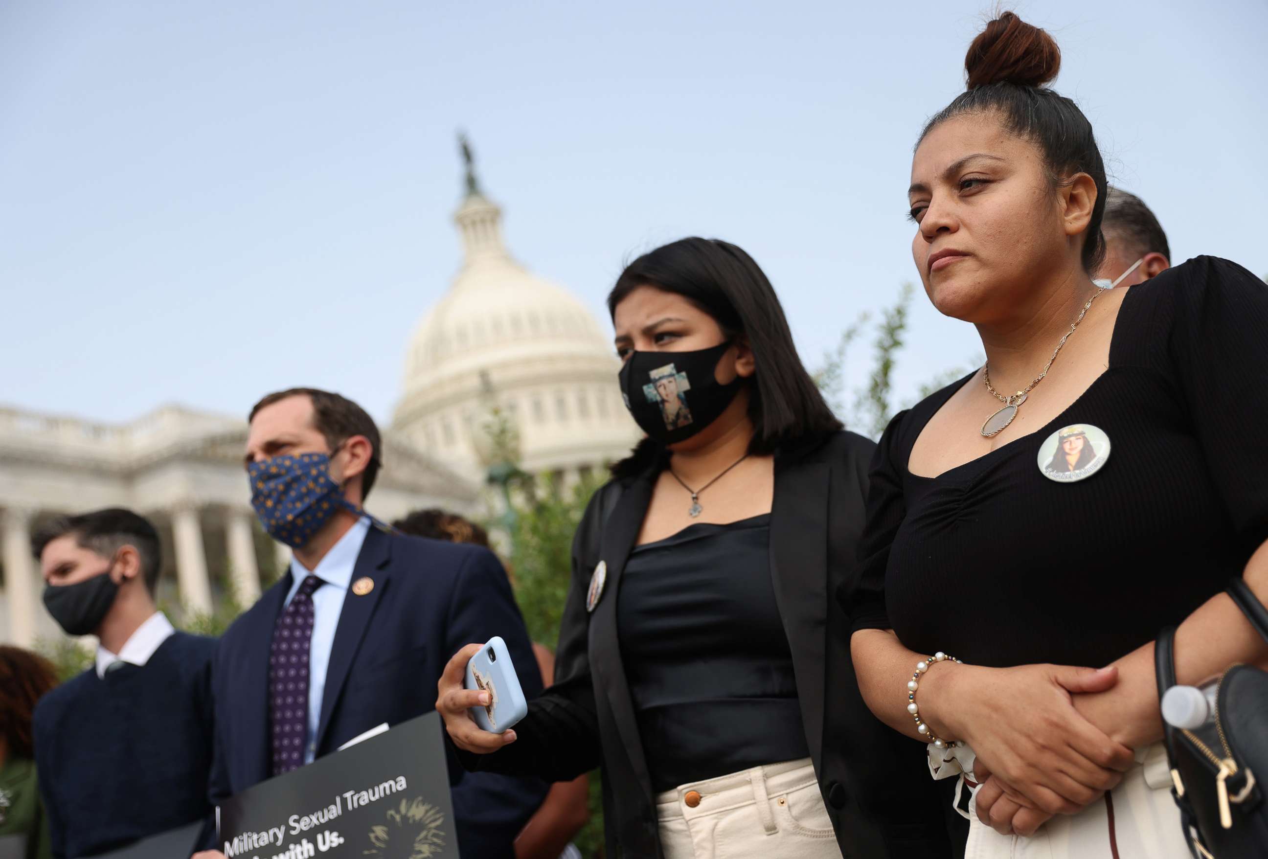 PHOTO: Gloria Guillen, mother of 20-year-old murder victim U.S. Army Private First Class Vanessa Guillen, and her daughter Lupe attend a press conference to announce the "I Am Vanessa Guillen Act" outside the Capitol on Sept. 16, 2020 in Washington.