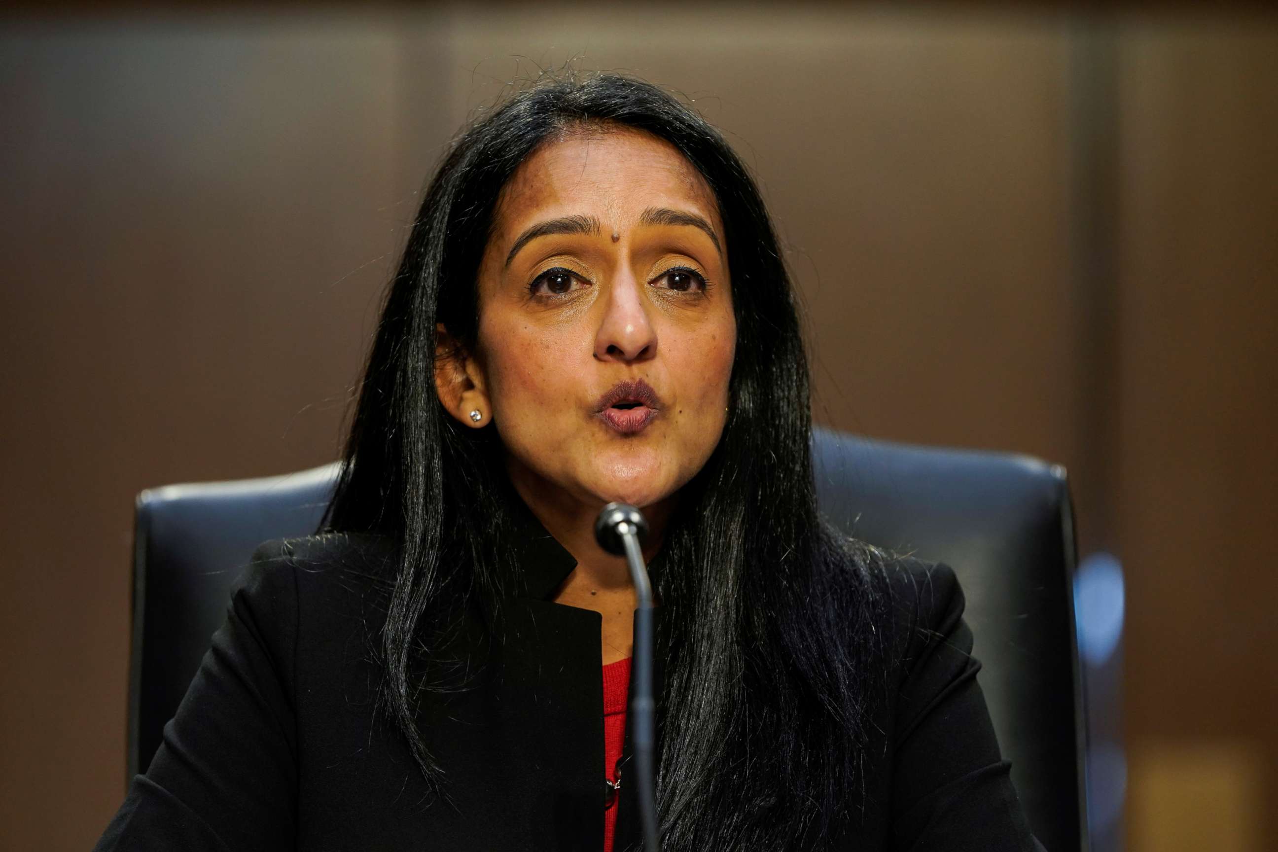 PHOTO: Nominee to be Associate Attorney General Vanita Gupta testifies before the Senate Judiciary Committee during her confirmation hearing on Capitol Hill in Washington, March 9, 2021.