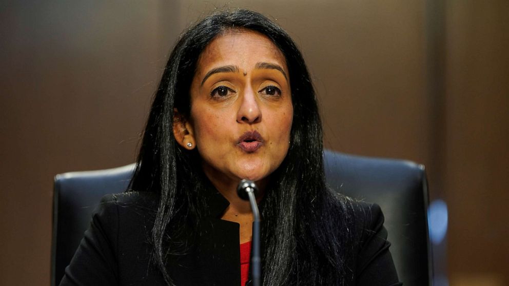 PHOTO: Nominee to be Associate Attorney General Vanita Gupta testifies before the Senate Judiciary Committee during her confirmation hearing on Capitol Hill in Washington, March 9, 2021.