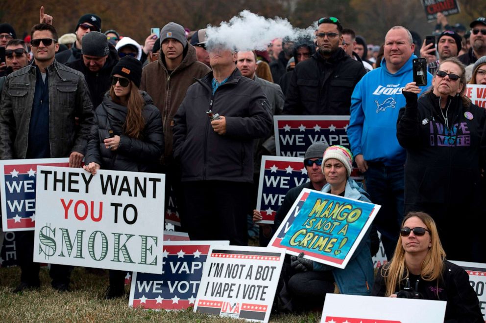 PHOTO: Vape consumer advocate groups and vape storeowners around the country hold a rally outside of the White House to protest the proposed vaping flavor ban in Washington, D.C., Nov. 9, 2019.