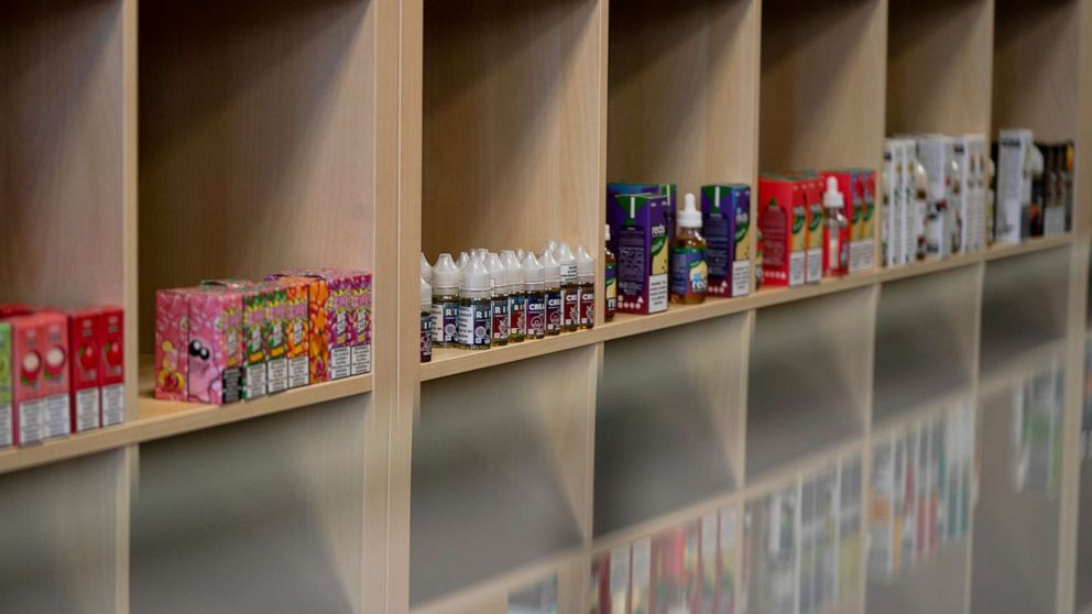 PHOTO: Vape juice for electronic cigarettes is displayed for sale at a vape store in Tacoma, Washington, Sept. 29, 2019. 