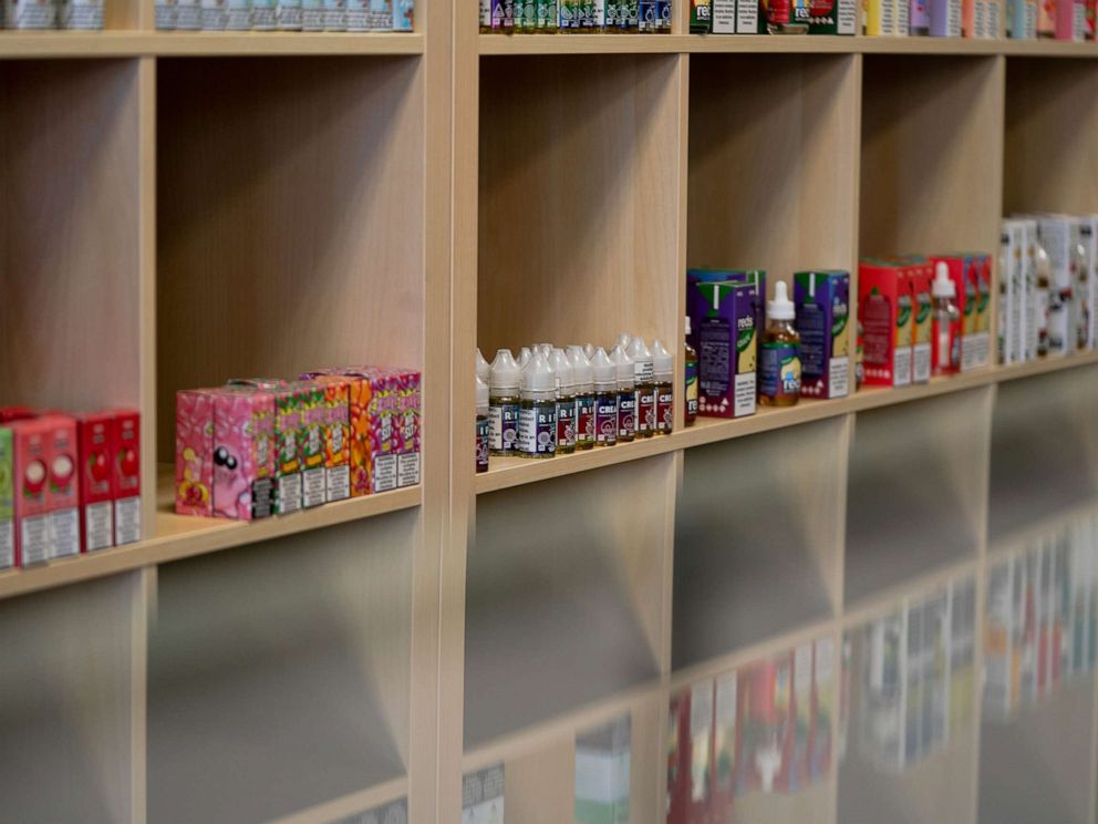 PHOTO: Vape juice for electronic cigarettes is displayed for sale at a vape store in Tacoma, Washington, Sept. 29, 2019. 