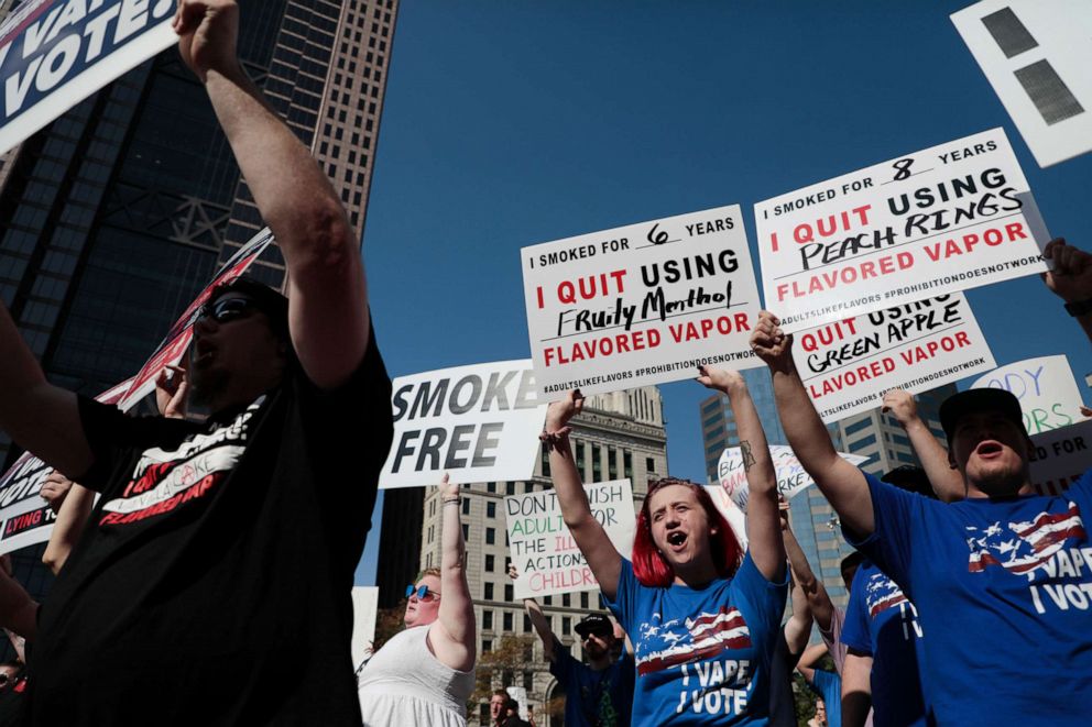 PHOTO: Vaping advocates chant "I Vape, I Vote" during a rally, Oct. 1, 2019 at the Ohio Statehouse in Columbus, Ohio. 