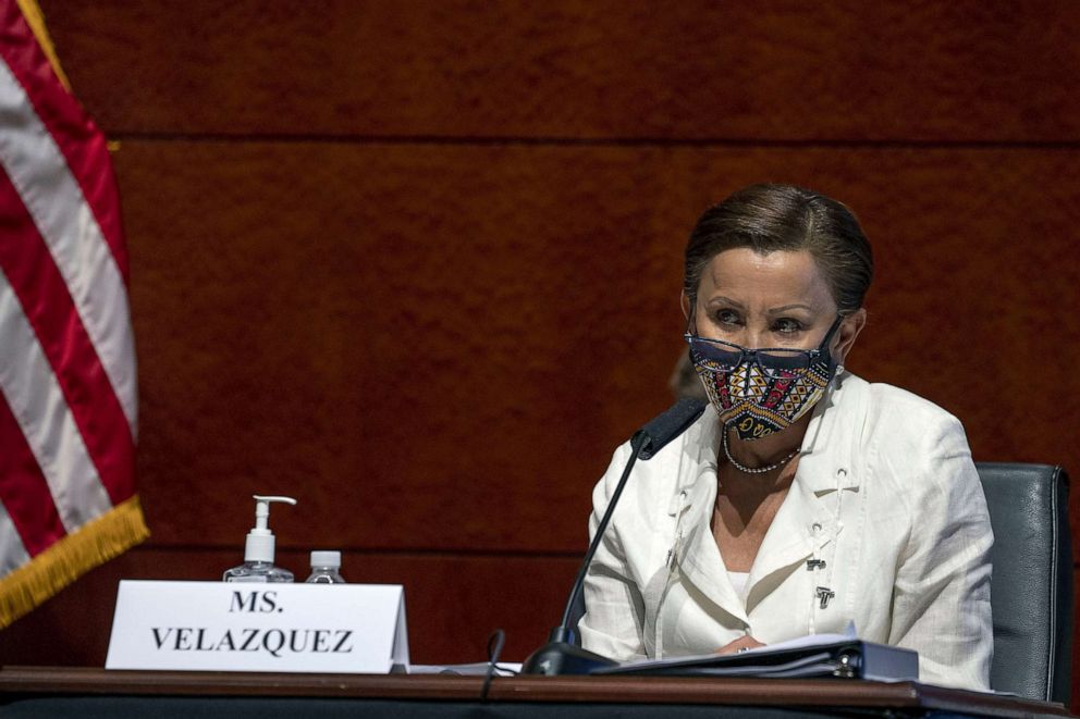 PHOTO: Rep. Nydia Velazquez, D- N.Y., asks questions during a House Financial Services Committee hearing on the coronavirus response on Capitol Hill, June 30, 2020. 