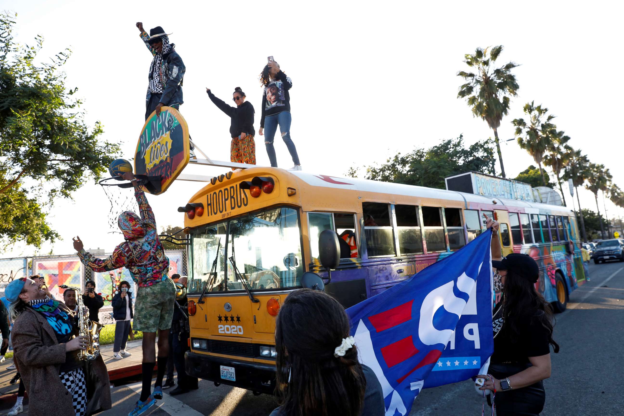 PHOTO: People celebrate in Venice Beach, Calif., after media organizations declared Joe Biden President-elect, Nov. 7, 2020.