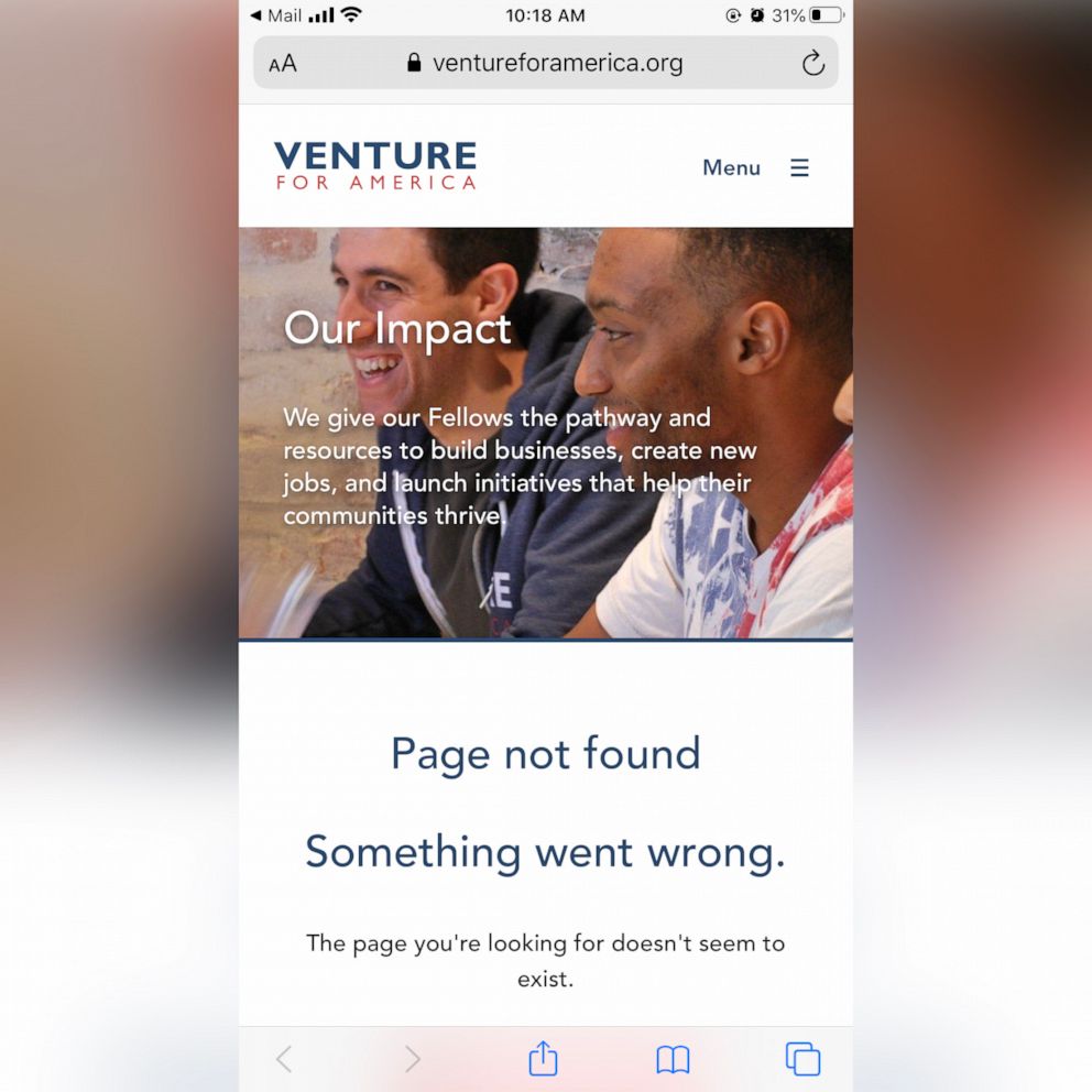 PHOTO: Venture for America's job creation claims were removed from its website shortly after the organization received questions from ABC News. A spokesperson told ABC News the numbers were outdated.