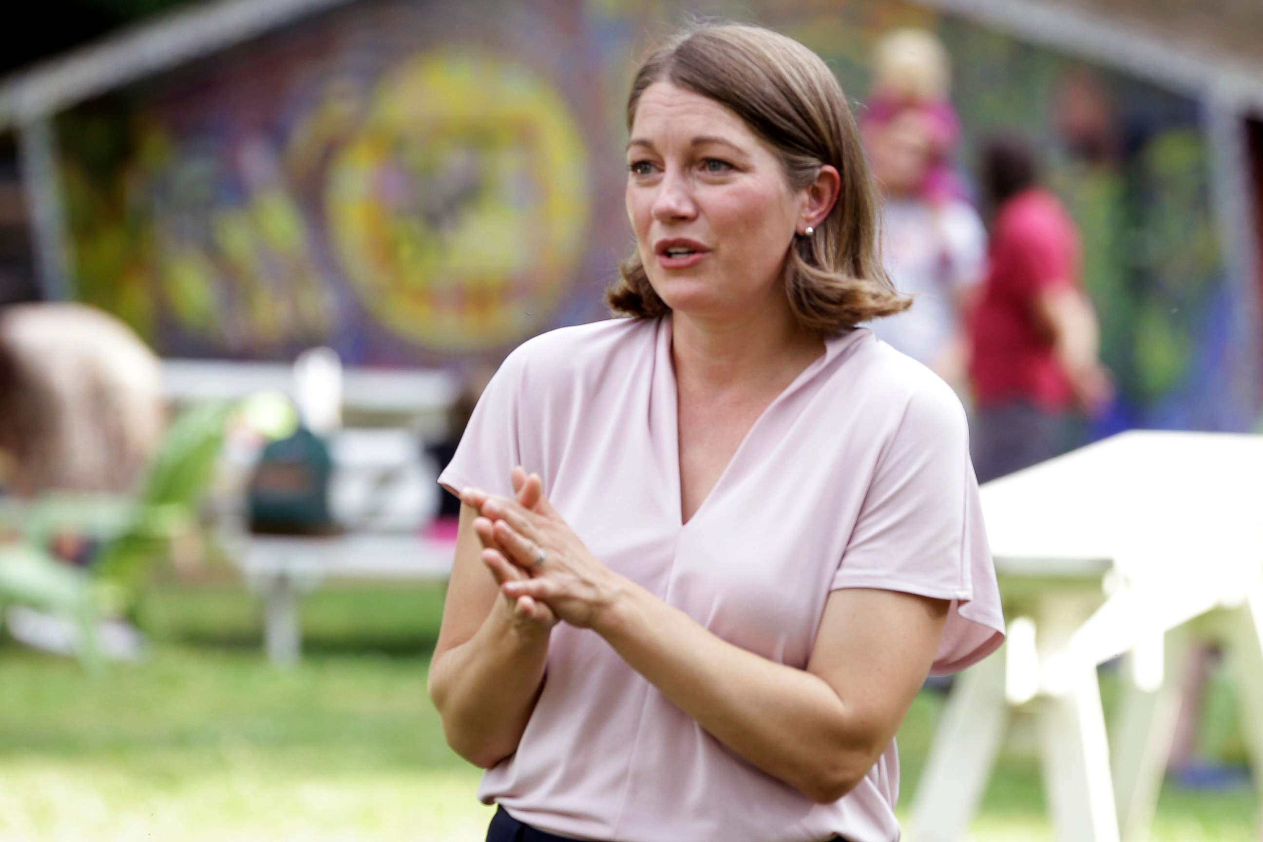 PHOTO: Democratic House candidate Lt. Gov. Molly Gray speaks to voters in Middlesex, Vt., July 20, 2022.