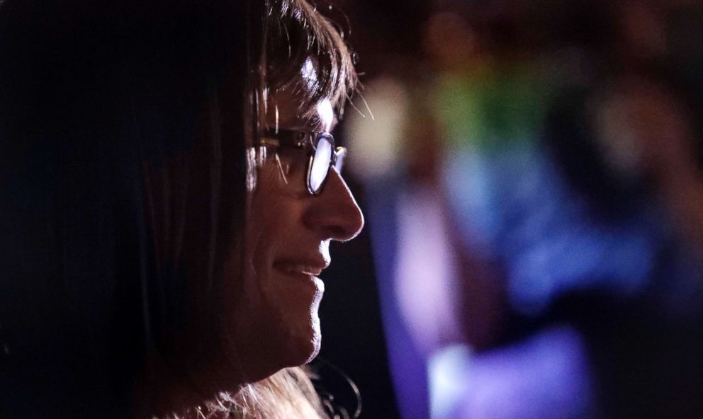 PHOTO: Vermont Democratic gubernatorial candidate Christine Hallquist, a transgender woman and former electric company executive, smiles during her election night party in Burlington, Vt., on Aug. 14, 2018. 