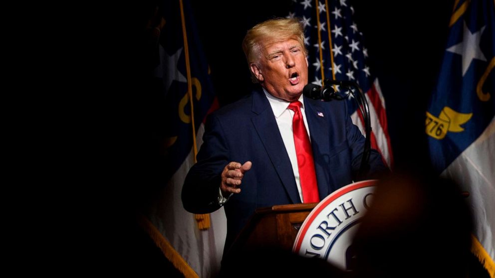 PHOTO: Former President Donald Trump addresses the NCGOP state convention in Greenville, N.C., June 5, 2021.