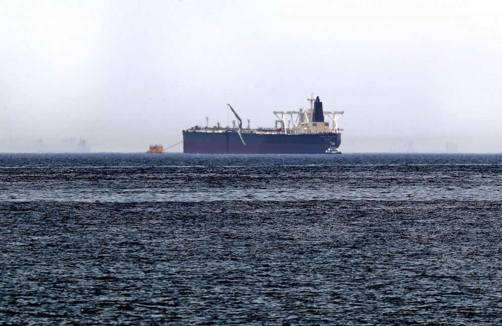 PHOTO: A picture taken on May 13, 2019, shows the crude oil tanker, Amjad, which was one of two Saudi tankers that were reportedly damaged in mysterious "sabotage attacks", off the coast of the Gulf emirate of Fujairah.