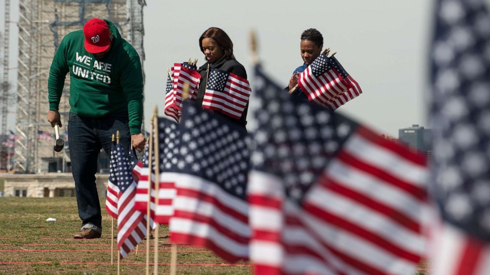 PHOTO: People place American flags on the National Mall in Washington to raise awareness of veterans and service members who died by suicide, March 27, 2014.