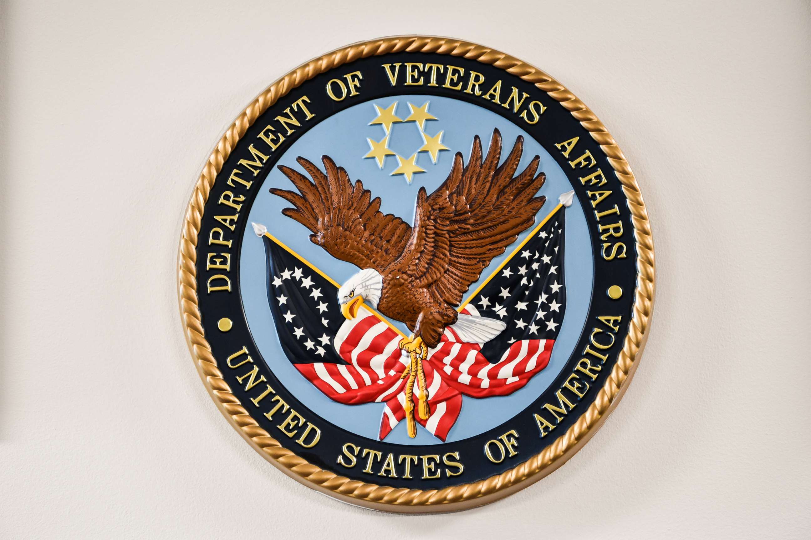 PHOTO: The logo of the U.S. Department of Veterans Affairs, Sept. 8, 2017, at the Department of Veterans Affairs office in Washington, D.C.