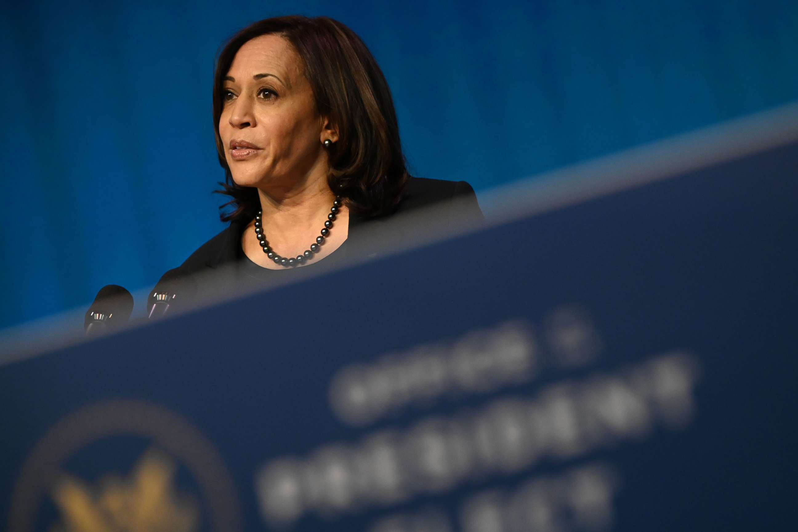 PHOTO: Vice President-elect Kamala Harris speaks  at The Queen Theater in Wilmington, Del., Jan. 7, 2021.