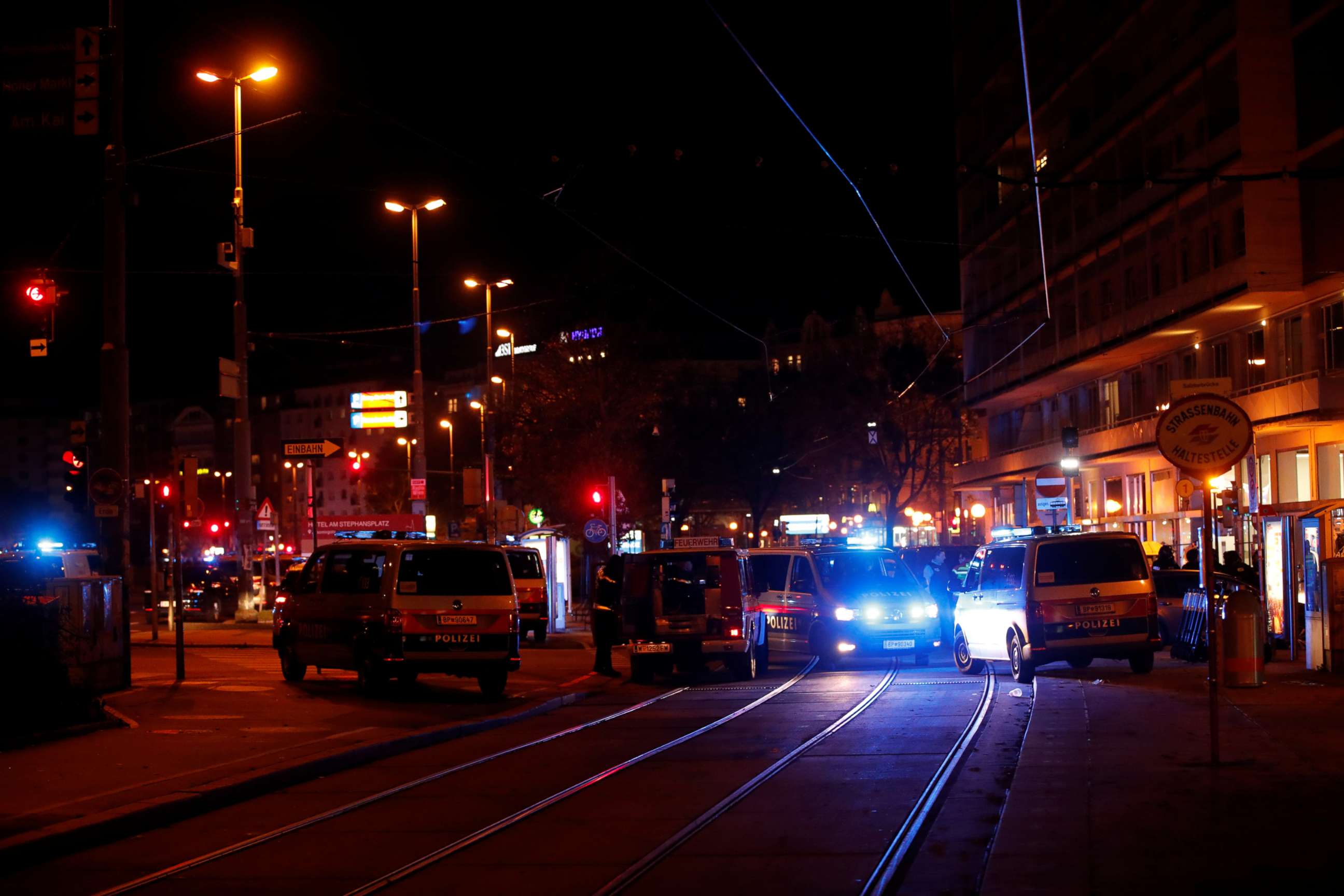 PHOTO: Police blocks a street near Schwedenplatz square after a shooting in Vienna, Nov. 2, 2020.