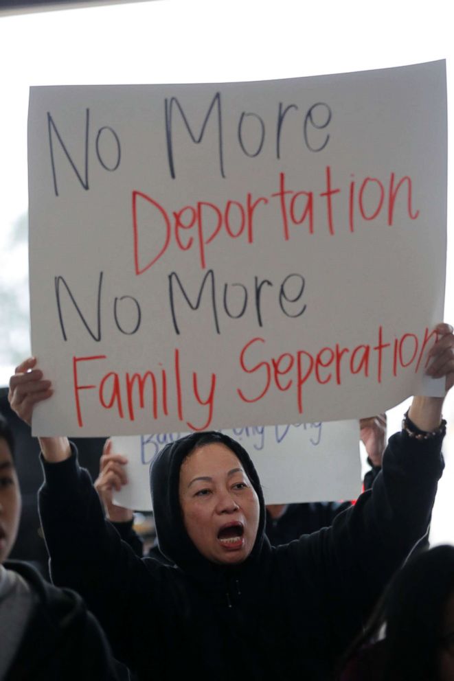 PHOTO: Mary Nguyen, a Vietnamese community activist, chants at a rally protesting President Trump's deportation policy to deport Vietnamese refugees, at the Mary Queen of Vietnam Church in New Orleans, Dec. 20, 2018.