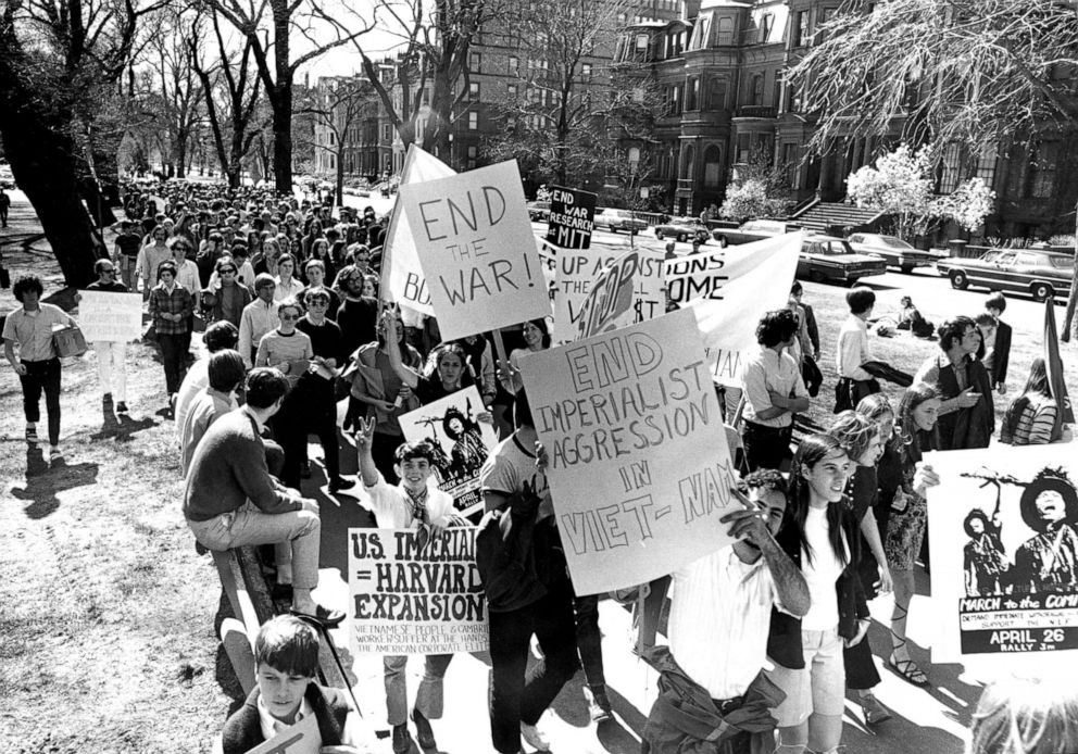 PHOTO: Demonstrators march in a Students for a Democratic Society protest against U.S. involvement in the Vietnam War and in favor of the National Liberation Front on the Commonwealth Avenue Mall in Boston on April 26, 1969.