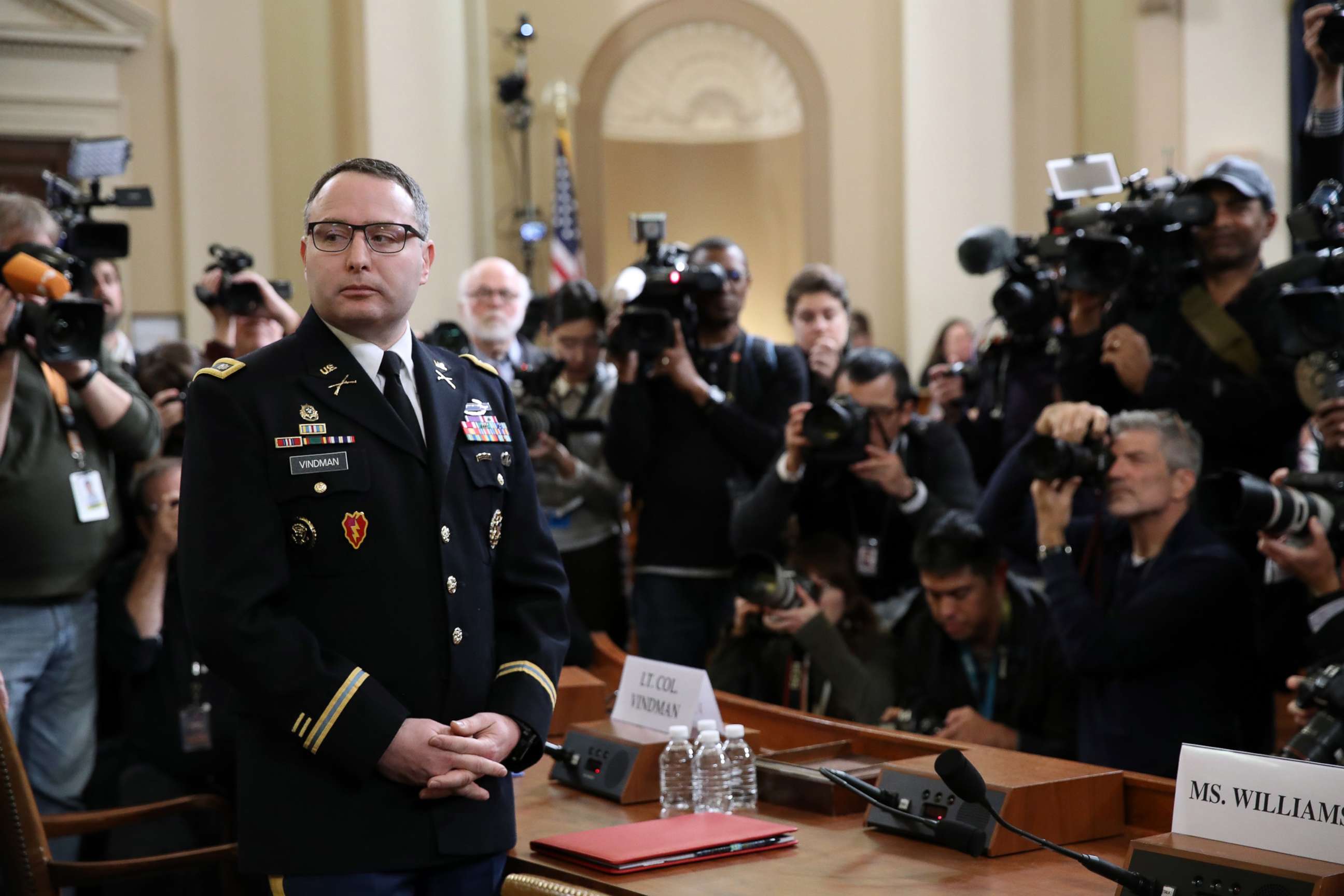 PHOTO: National Security Council Director for European Affairs Lt. Col. Alexander Vindman arrives to testify before the House Intelligence Committee in the Longworth House Office Building on Capitol Hill Nov. 19, 2019 in Washington, D.C.