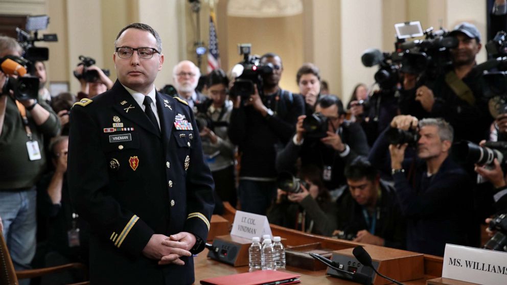 PHOTO: National Security Council Director for European Affairs Lt. Col. Alexander Vindman arrives to testify before the House Intelligence Committee in the Longworth House Office Building on Capitol Hill Nov. 19, 2019 in Washington, D.C.