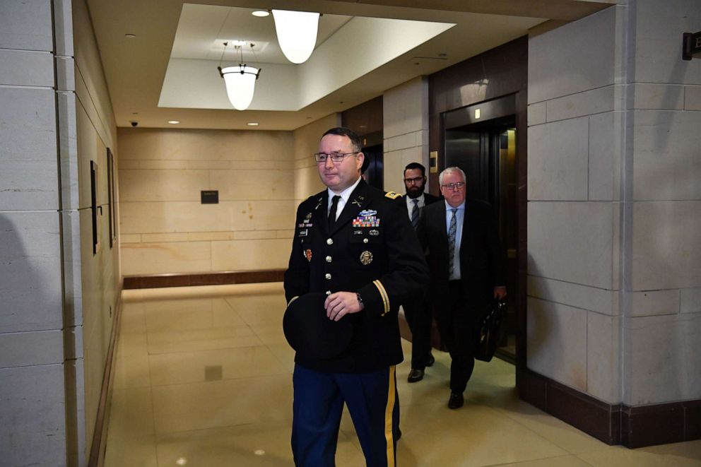 PHOTO: National Security Council Director for European Affairs Alexander Vindman arrives for a closed-door deposition at the US Capitol in Washington, DC on Oct. 29, 2019.