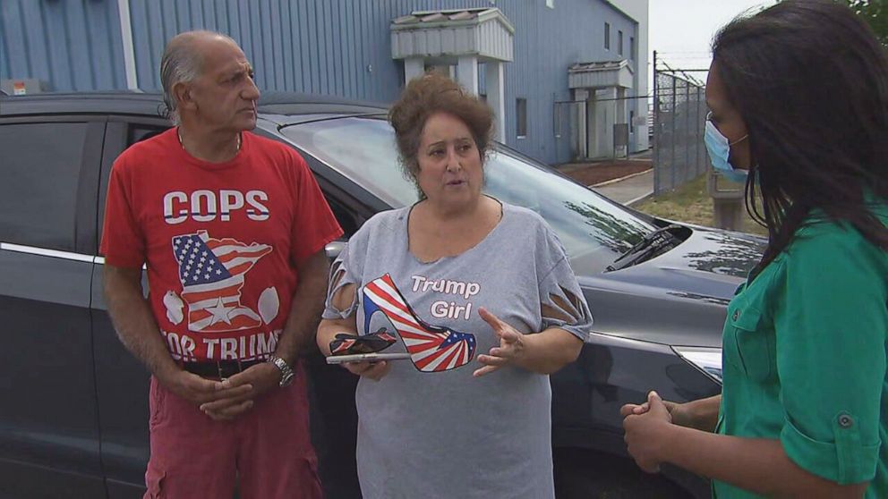 PHOTO: In this screen grab taken from video, Vinny Scarnisi and Natasha Athens are shown with his daughter outside the cancelled Trump rally location in Portsmouth, N.H.