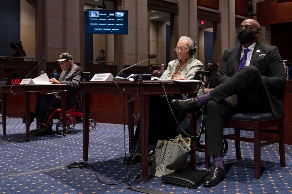 PHOTO: In this May 19, 2021, file photo, Hughes Van Ellis, a Tulsa Race Massacre survivor and Viola Fletcher, oldest living survivor of the Tulsa Race Massacre, testify on Capitol Hill in Washington, D.C.