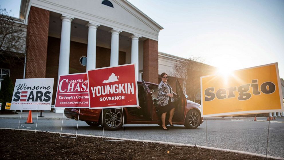 PHOTO: People arrive at Thomas Road Baptist Church for a GOP gubernatorial candidate forum hosted by the College Republicans at Liberty University in Lynchburg, Va., April 19, 2021.