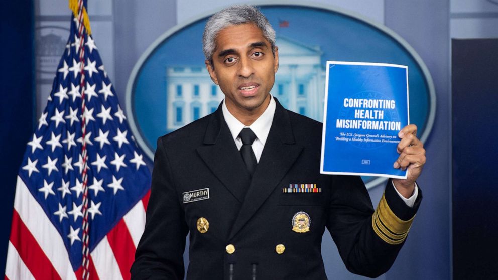 PHOTO: US Surgeon General Dr. Vivek H. Murthy speaks during a press briefing in the Brady Briefing Room of the White House in Washington, D.C., July 15, 2021.