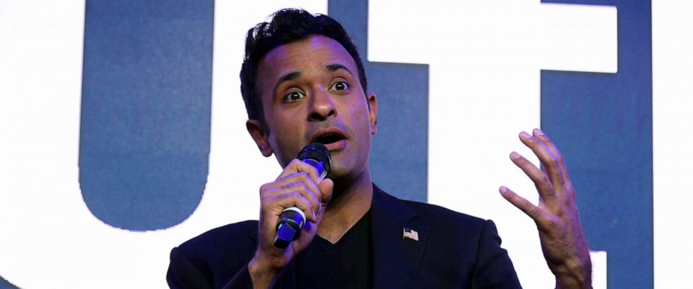 PHOTO: FILE - Republican Presidential candidate Vivek Ramaswamy speaks during a town hall meeting on the south side of Chicago, May 19, 2023.