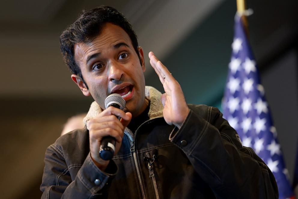 PHOTO: Republican presidential candidate businessman Vivek Ramaswamy speaks during a campaign stop at the National Czech & Slovak Museum & Library on Jan. 11, 2024 in Cedar Rapids, Iowa.