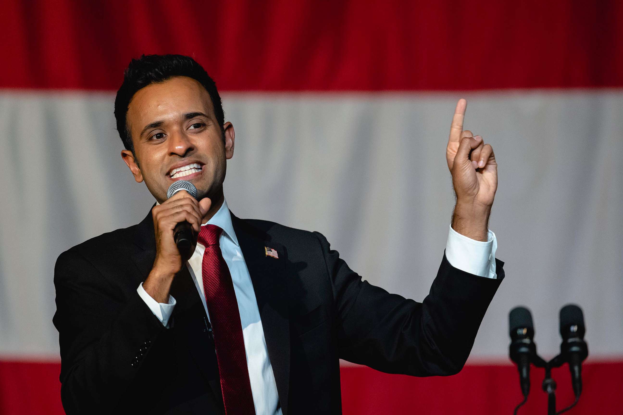 PHOTO: Vivek Ramaswamy, a Republican presidential candidate, speaks during the Georgia GOP State Convention at the Columbus Convention and Trade Center in Columbus, Ga, on June 9, 2023.