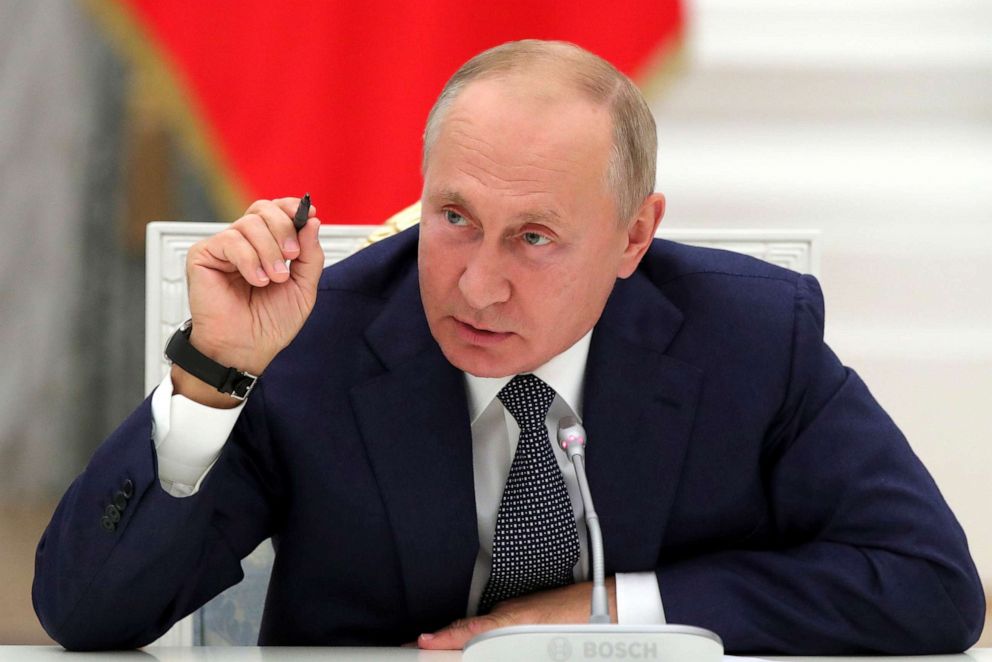 PHOTO: Russian President Vladimir Putin gestures speaks at the Kremlin in Moscow, Russia, Sept. 23, 2020.