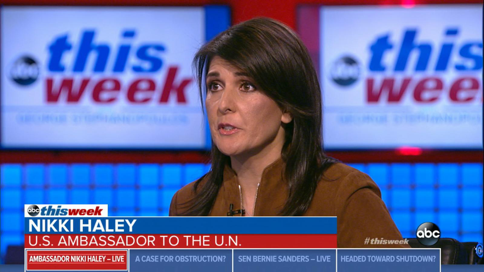 PHOTO: United States Ambassador to the United Nations Nikki Haley on "This Week," Jan. 7, 2018.