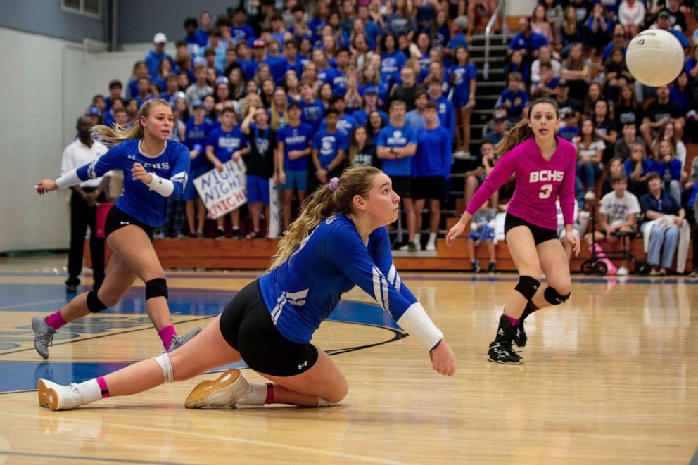 PHOTO: Barron Collier's Colleen Ziegelmaier dives for the ball during a volleyball game against Ocala Vanguard at Barron Collier High School in Naples, Fla., Nov. 9, 2019.