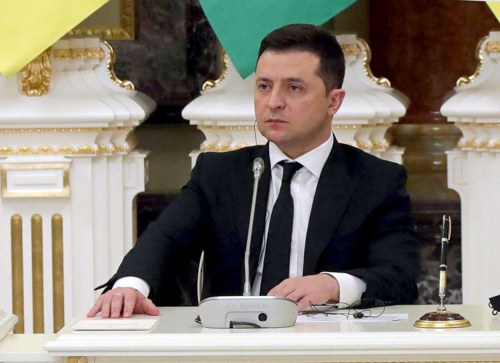 PHOTO: President of Ukraine Volodymyr Zelenskyy is pictured during his meeting with President of the Republic of Azerbaijan Ilham Aliyev in Kyiv, Ukraine, Jan. 14, 2022.