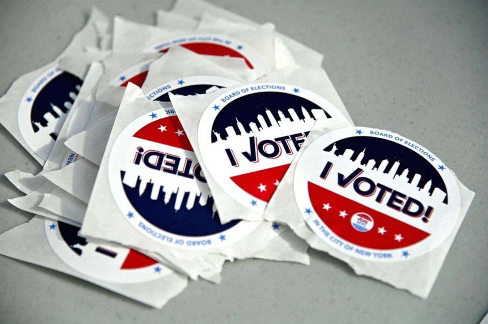 PHOTO: "I voted" stickers sit on a table at the BrooklynMuseum polling site during the New York Democratic presidential primary elections, June 23, 2020 in New York.
