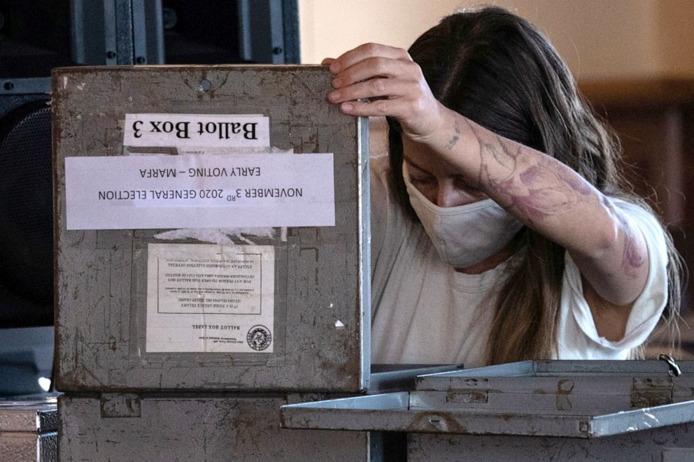 PHOTO: An election official prepares to seal early voting ballots from the 2020 U.S. presidential elections after counting them in Marfa, Nov. 3, 2020. 