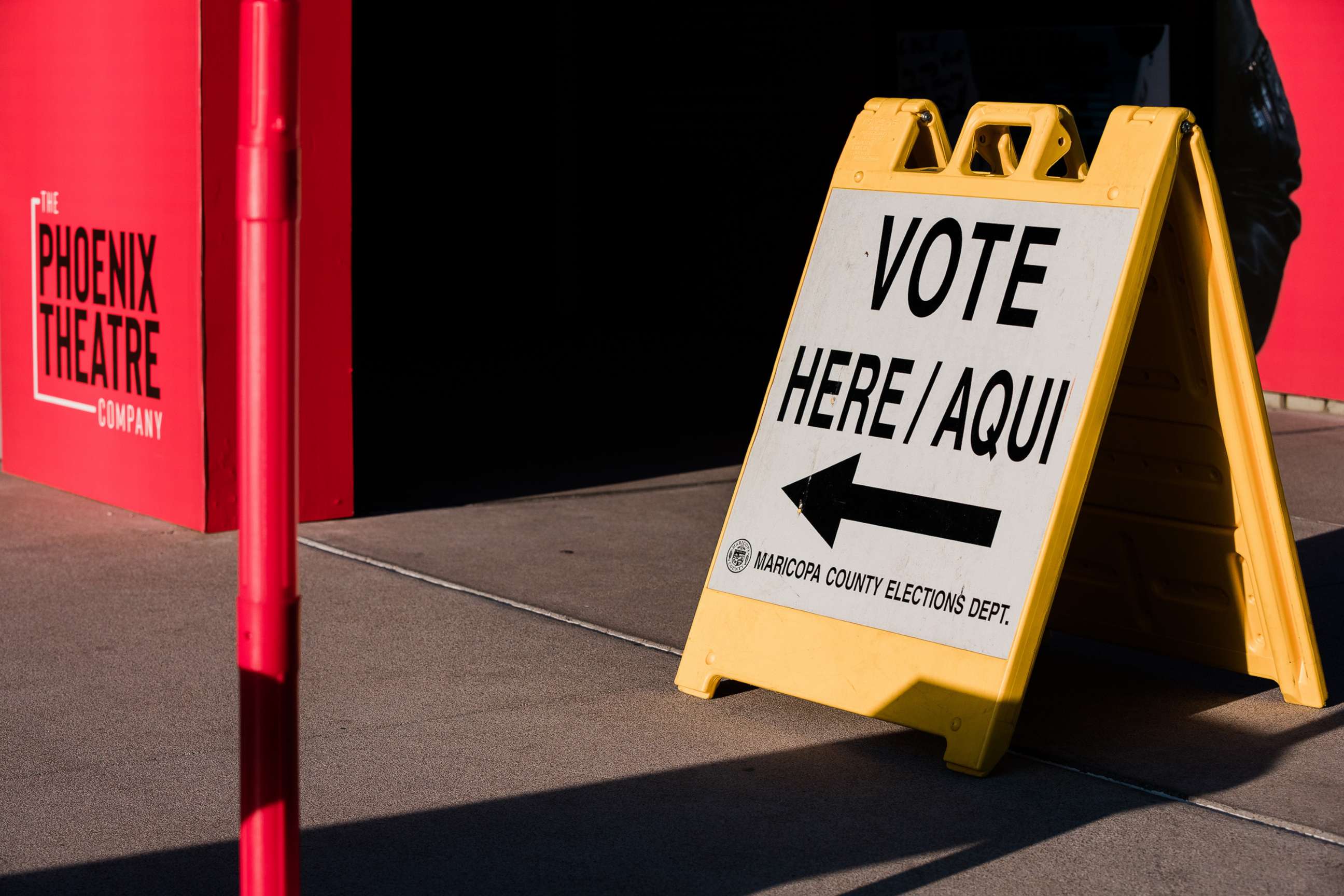 PHOTO: In this Aug. 2, 2022, file photo, a "Vote Here" sign is shown outside a polling location at the Phoenix Art Museum in Phoenix, Arizona.